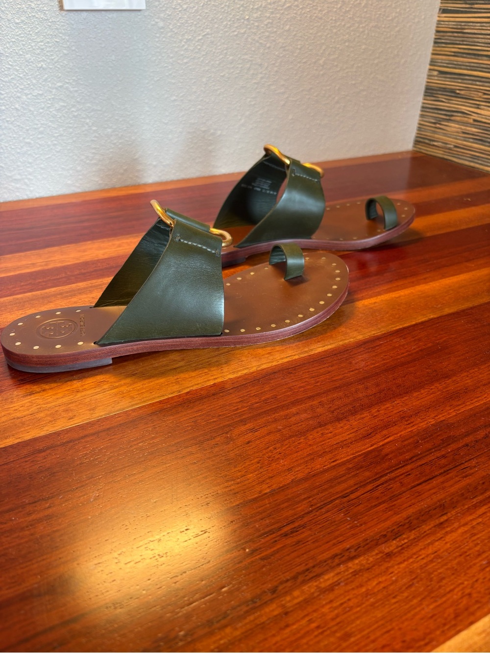 Tory Burch Brannan Studded Sandals in Olive Green Leather with Gold Hardware - Picture 6 of 14